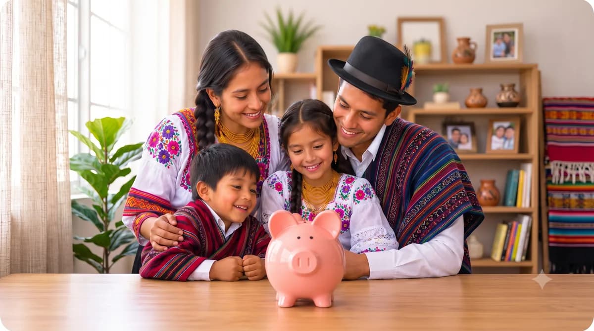 Familia ecuatoriana reunida alrededor de una alcancía