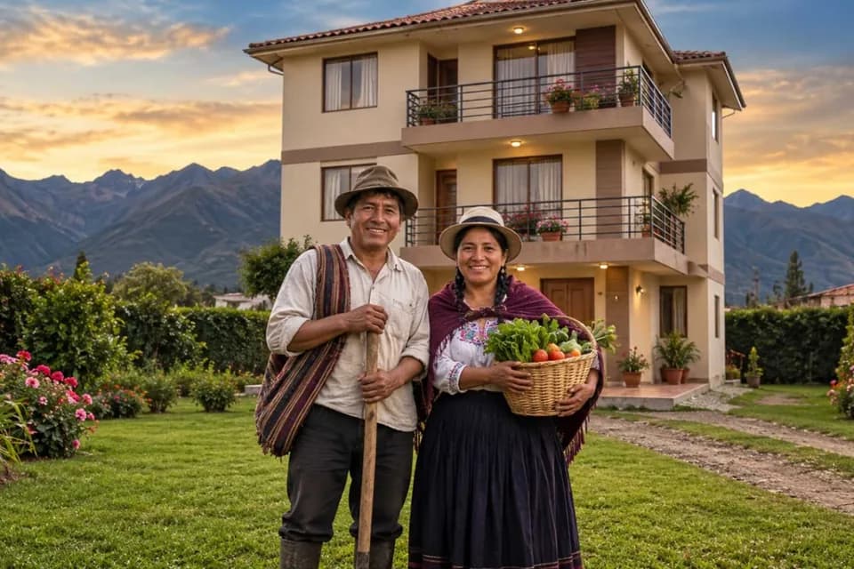 Pareja de agricultores frente a su vivienda