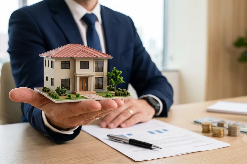 Asesor presentando el modelo de una vivienda durante una consulta